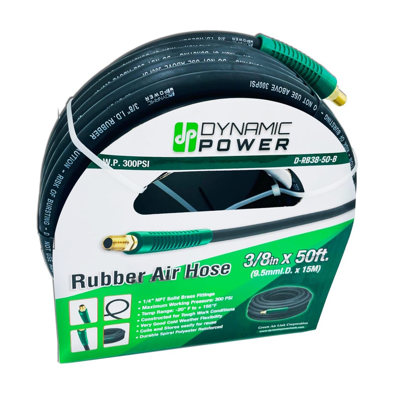 DYNAMIC POWER Premium Black Rubber Air Hose 3/8" x 50 ft 300 PSI Assembly with 1/4" Male Pipe Thread Fittings & Bend Restictors. - Image 3